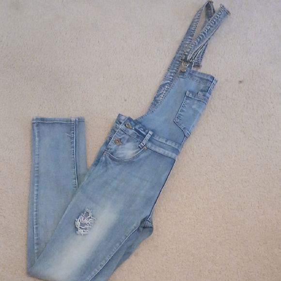 Juniors Blue Denim Distressed Overalls - Picture 3 of 9